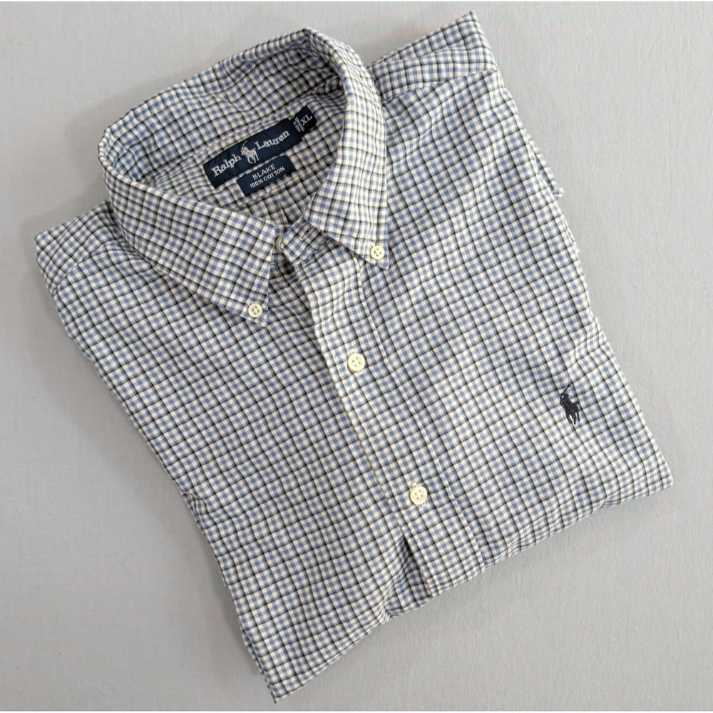 Ralph Lauren Mens Blake XL Blue White Gingham Cotton Short Sleeve Button Down